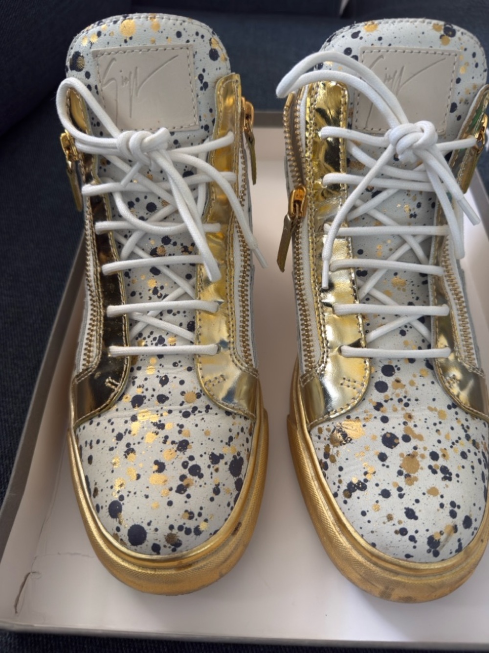 Giuseppe Zanotti White Gold Splatter High-Top Sneakers
